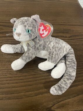 Ty Classic Silver Star “Purr” Cat Plush with White Paws and Teal Eyes